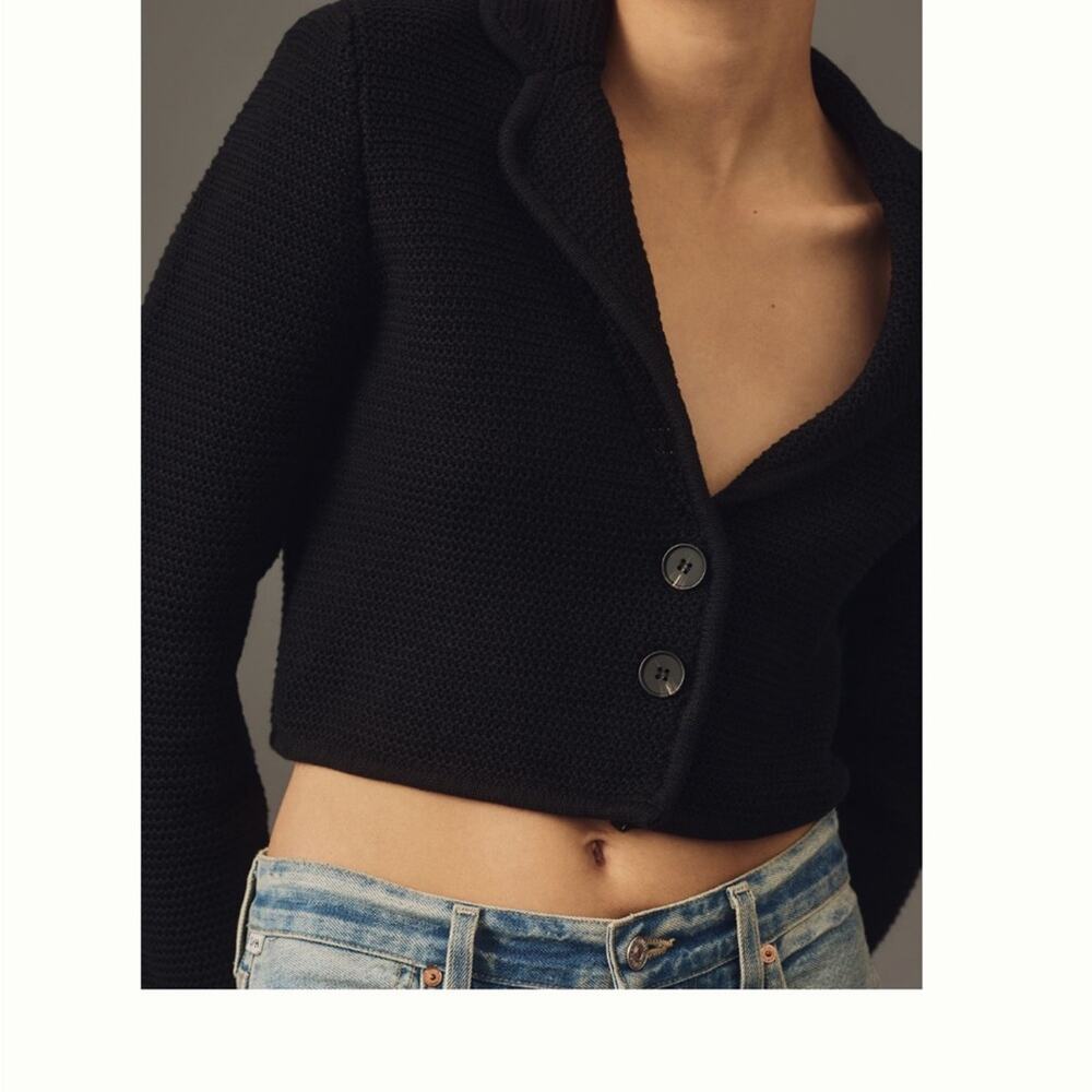 Anthropologie Black Cropped Cotton Blazer Open Knit Cardigan DH New York NWT M - Picture 2 of 11